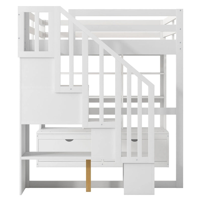 Full Size Loft Bed with Desk and Shelves, 2 Built-in Drawers, Storage Staircase, White and Natural