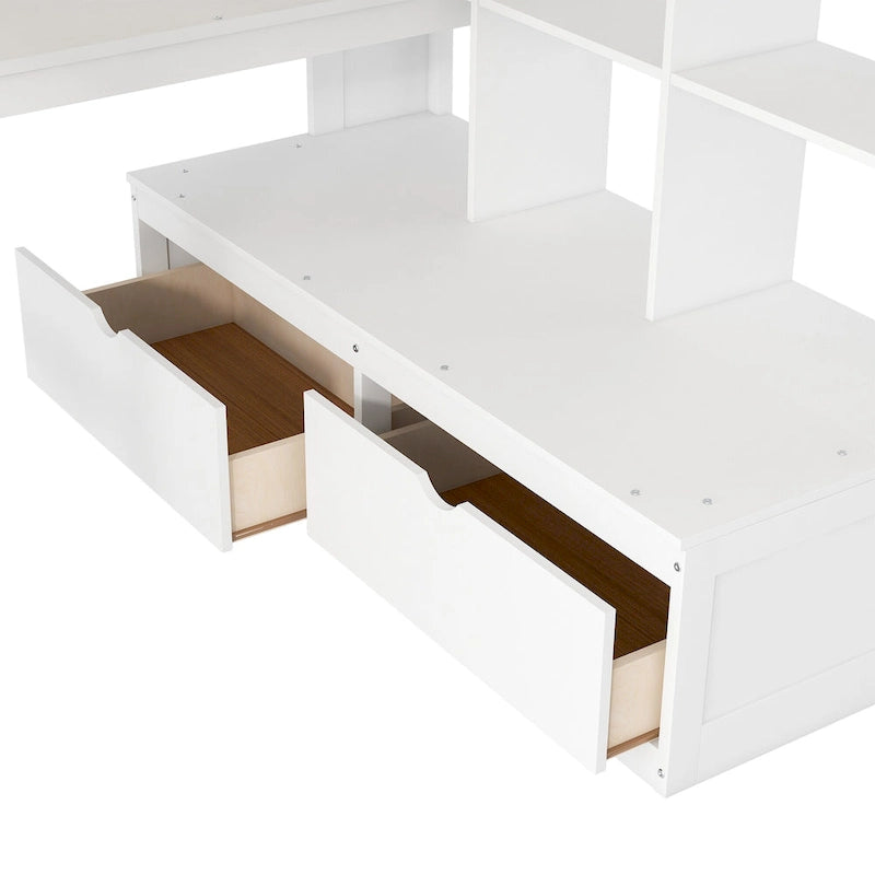 Full Size Loft Bed with Desk and Shelves, 2 Built-in Drawers, Storage Staircase, White and Natural