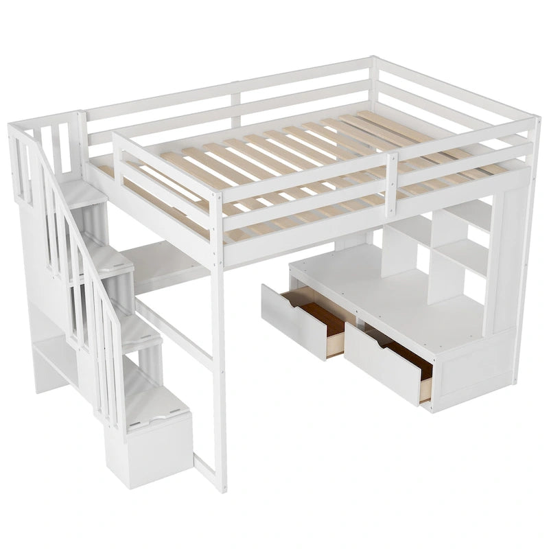 Full Size Loft Bed with Desk and Shelves, 2 Built-in Drawers, Storage Staircase, White and Natural