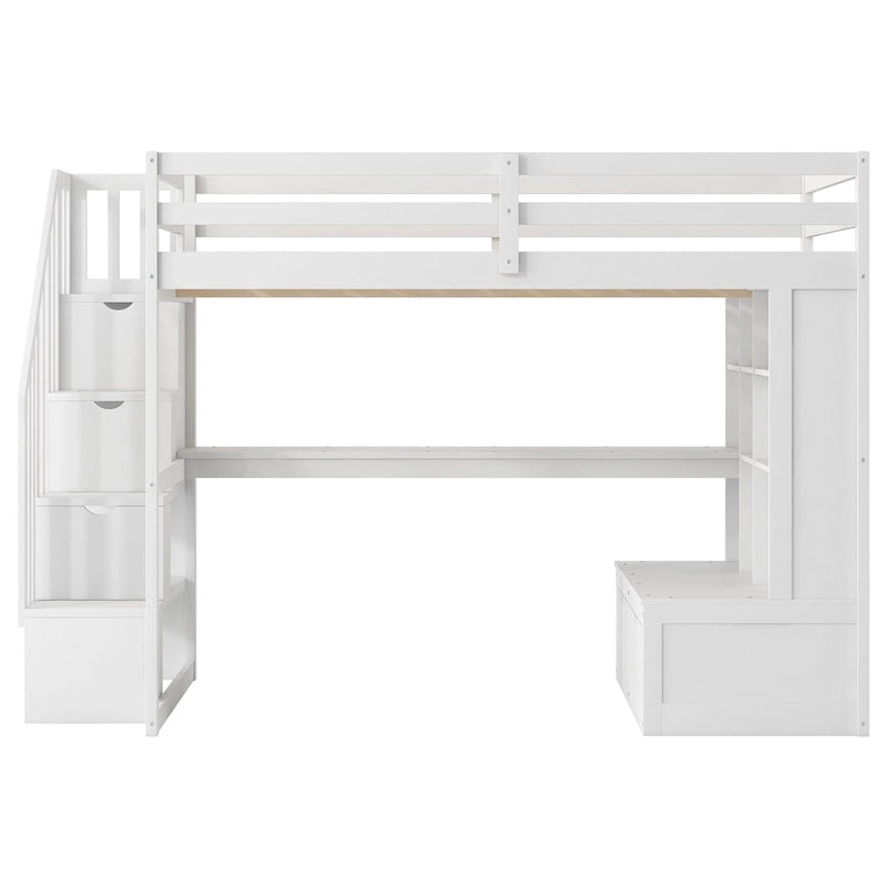 Full Size Loft Bed with Desk and Shelves, 2 Built-in Drawers, Storage Staircase, White and Natural