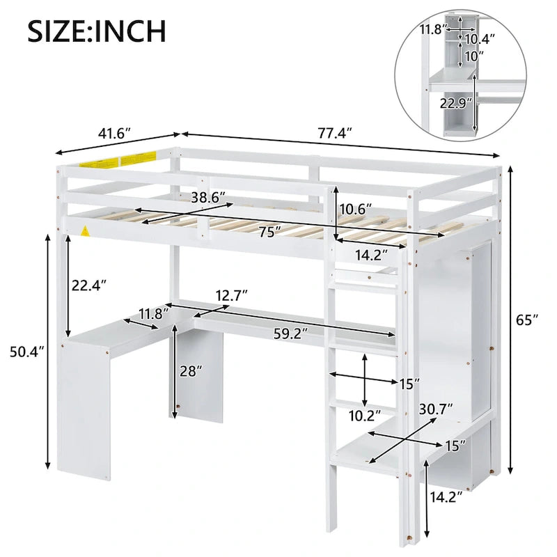 Twin Size Loft Bed with L-shaped Desk, Wardrobe and Storage Shelves, Grey