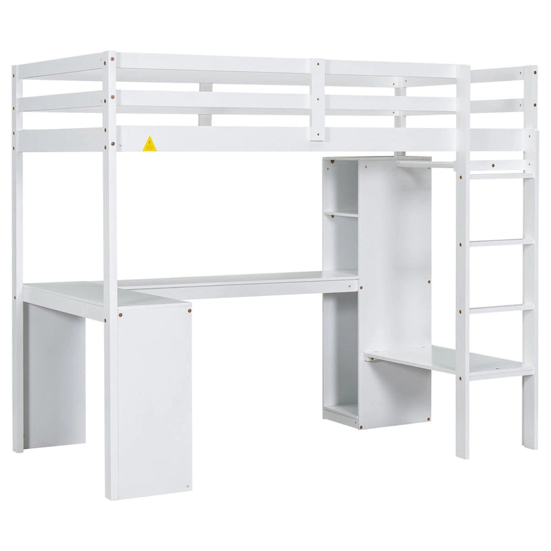Twin Size Loft Bed with L-shaped Desk, Wardrobe and Storage Shelves, Grey