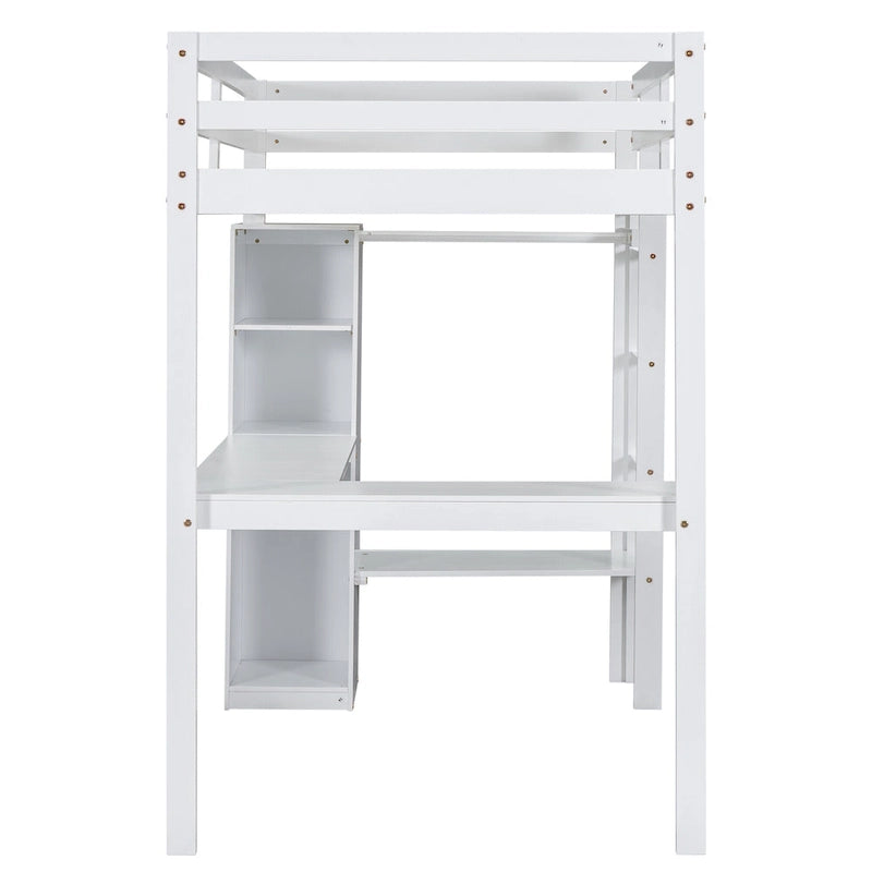 Twin Size Loft Bed with L-shaped Desk, Wardrobe and Storage Shelves, Grey