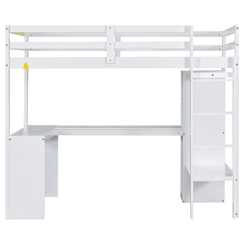 Twin Size Loft Bed with L-shaped Desk, Wardrobe and Storage Shelves, Grey