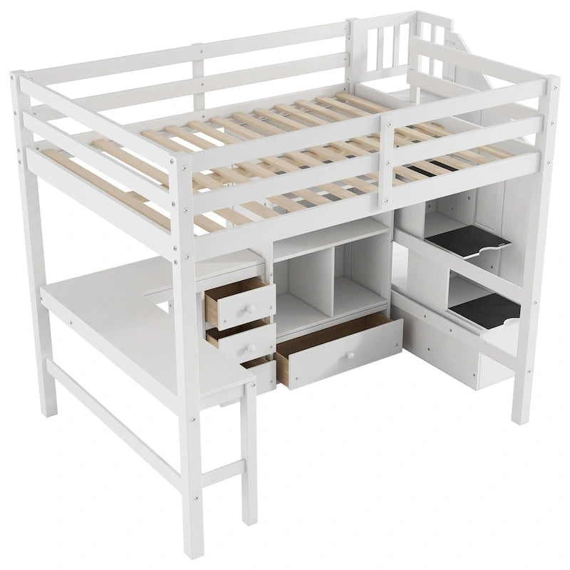 Full Size Loft Bed with L-Shaped Desk and Drawers, Cabinet and Storage Staircase, Gray
