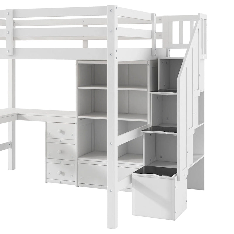 Full Size Loft Bed with L-Shaped Desk and Drawers, Cabinet and Storage Staircase, Gray