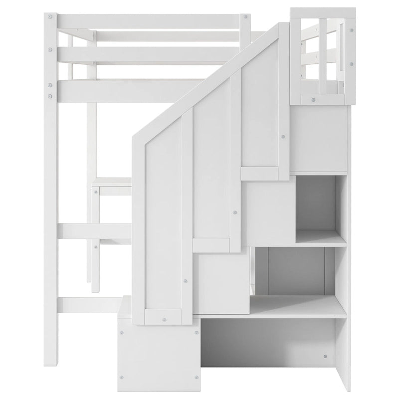Full Size Loft Bed with L-Shaped Desk and Drawers, Cabinet and Storage Staircase, Gray