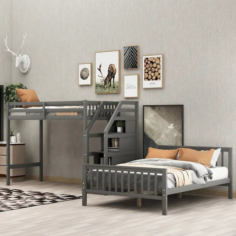 Twin over Full Loft Bed with Staircase, Storage Bed, White