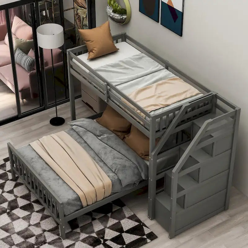 Twin over Full Loft Bed with Staircase, Storage Bed, White