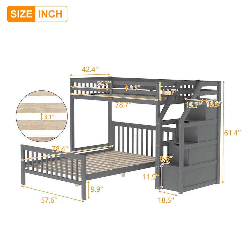 Twin over Full Loft Bed with Staircase, Storage Bed, White
