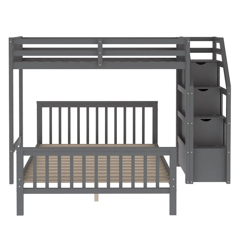 Twin over Full Loft Bed with Staircase, Storage Bed, White