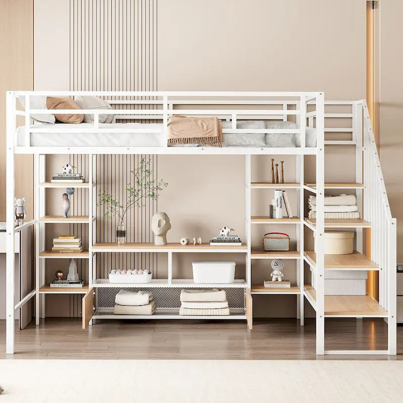 Full Size Metal Loft Bed with Staircase, Low Storage Table and Storage Shelves, Black