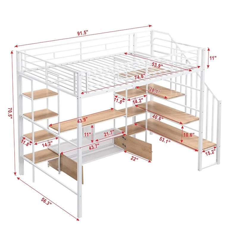 Full Size Metal Loft Bed with Staircase, Low Storage Table and Storage Shelves, Black