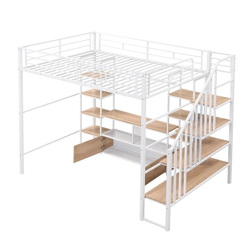 Full Size Metal Loft Bed with Staircase, Low Storage Table and Storage Shelves, Black