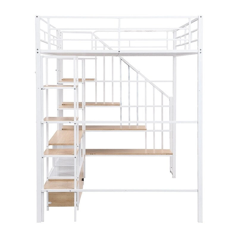 Full Size Metal Loft Bed with Staircase, Low Storage Table and Storage Shelves, Black