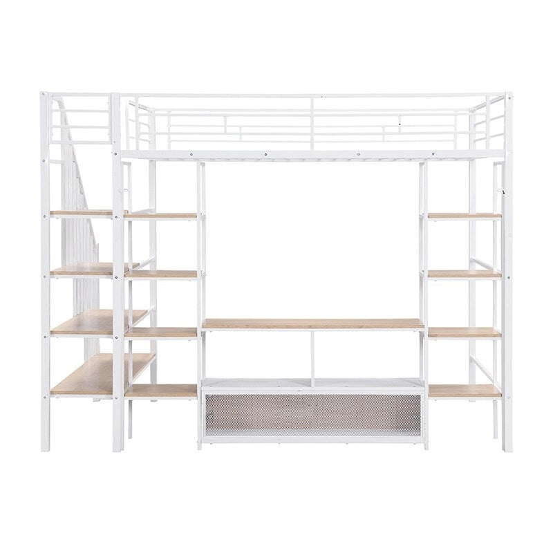Full Size Metal Loft Bed with Staircase, Low Storage Table and Storage Shelves, Black