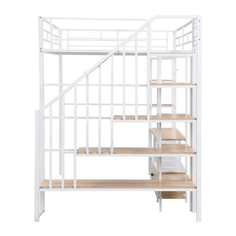 Full Size Metal Loft Bed with Staircase, Low Storage Table and Storage Shelves, Black