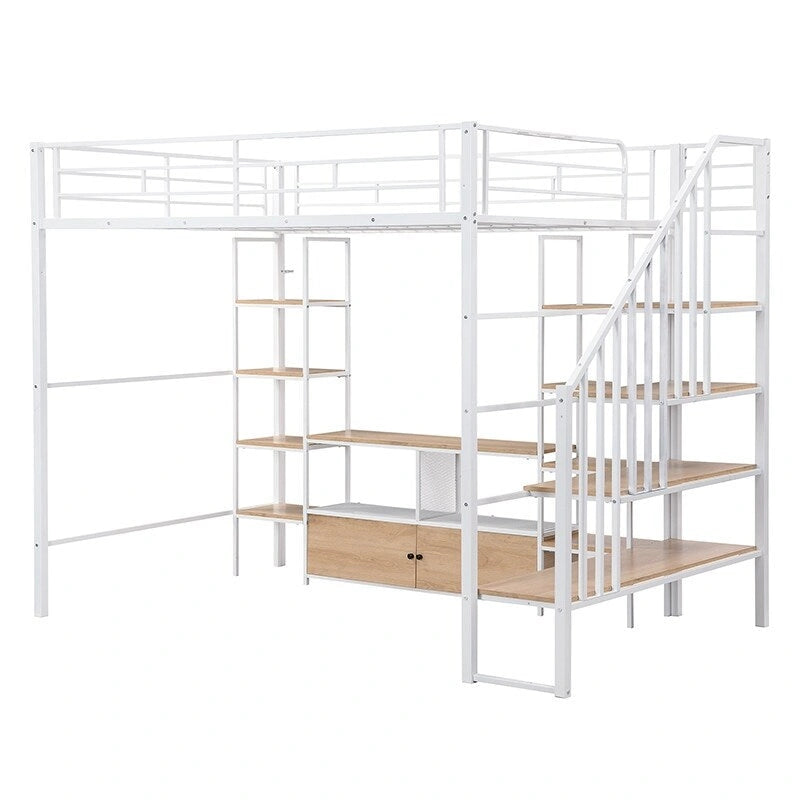 Full Size Metal Loft Bed with Staircase, Low Storage Table and Storage Shelves, Black