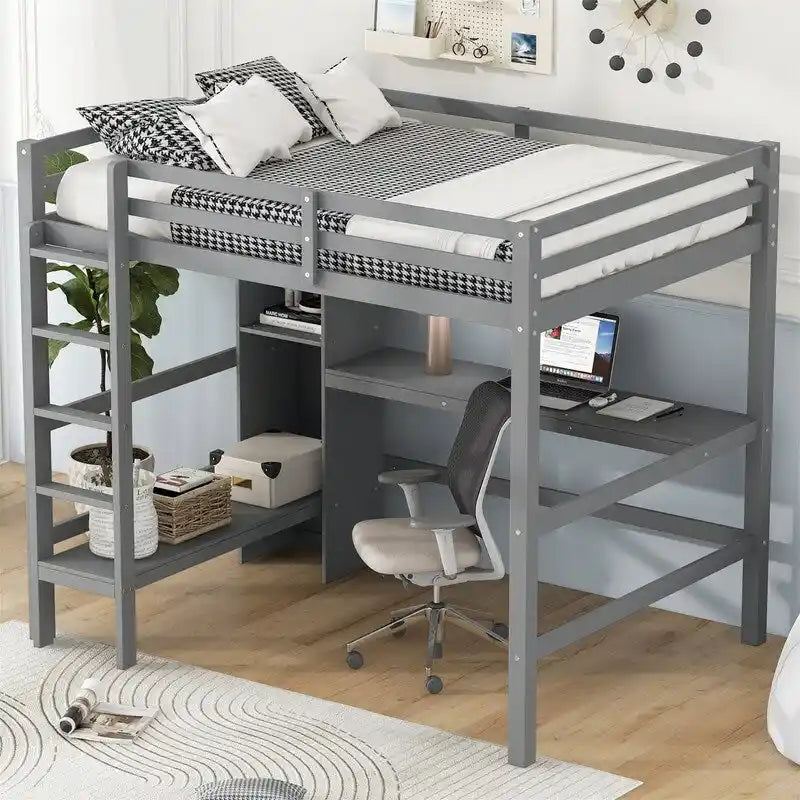 Full Size Loft Bed with Bulit-in Desk and Multifunction Storage Shelves, Wooden Loft Bedframe with Ladder and Guardrail