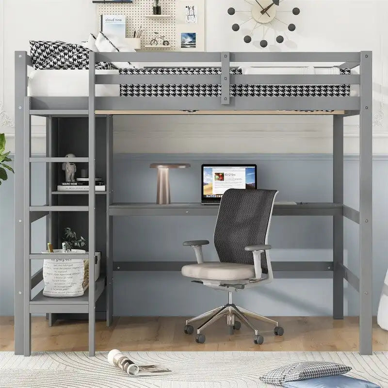 Full Size Loft Bed with Bulit-in Desk and Multifunction Storage Shelves, Wooden Loft Bedframe with Ladder and Guardrail