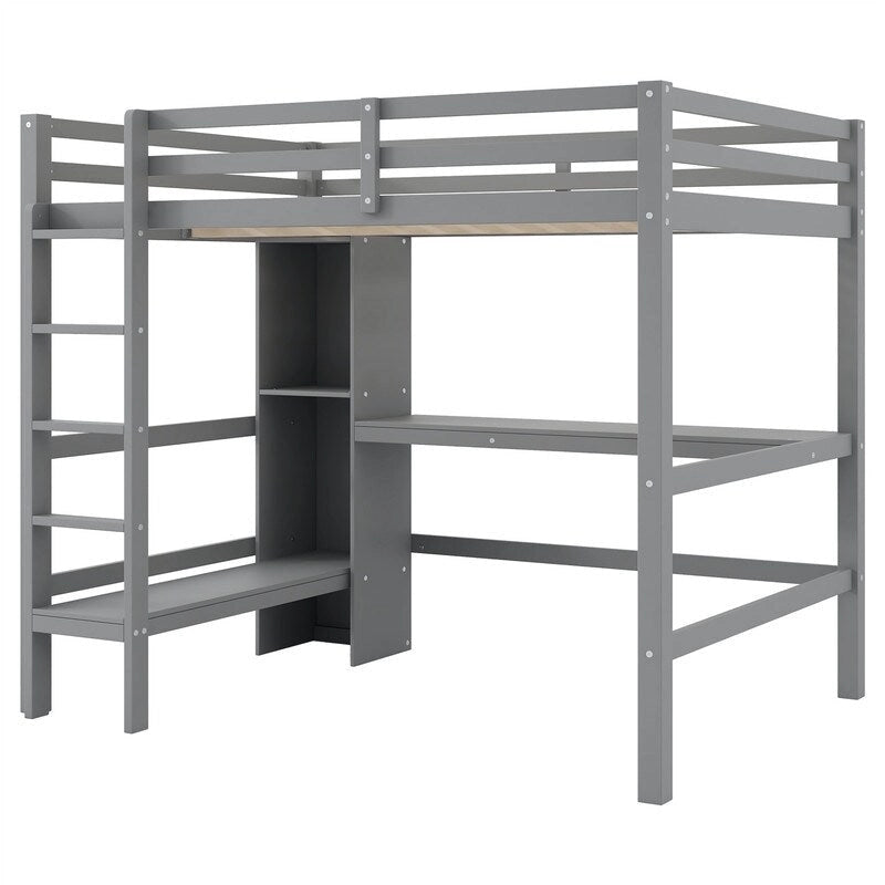 Full Size Loft Bed with Bulit-in Desk and Multifunction Storage Shelves, Wooden Loft Bedframe with Ladder and Guardrail