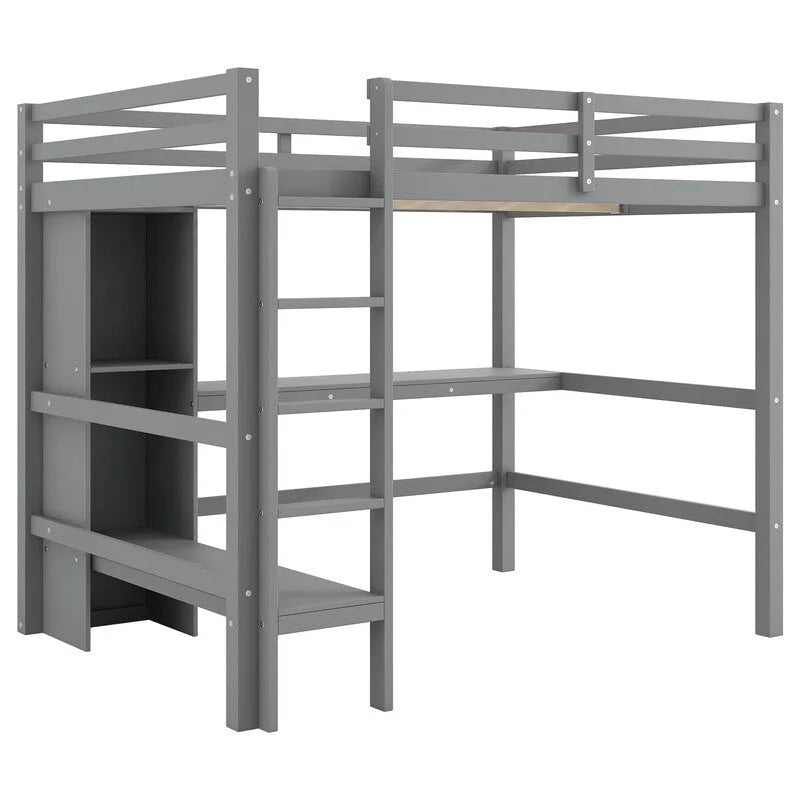 Full Size Loft Bed with Bulit-in Desk and Multifunction Storage Shelves, Wooden Loft Bedframe with Ladder and Guardrail