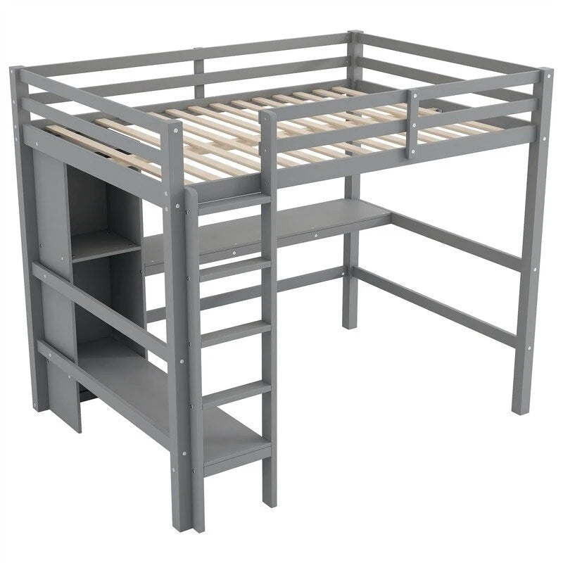 Full Size Loft Bed with Bulit-in Desk and Multifunction Storage Shelves, Wooden Loft Bedframe with Ladder and Guardrail
