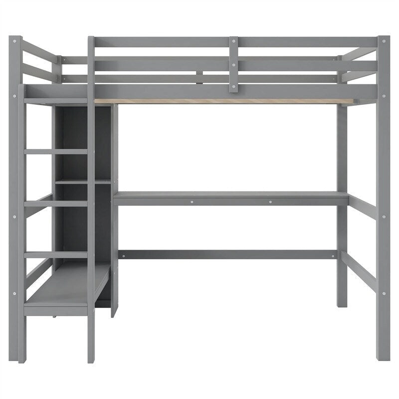 Full Size Loft Bed with Bulit-in Desk and Multifunction Storage Shelves, Wooden Loft Bedframe with Ladder and Guardrail