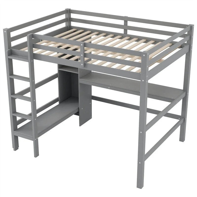 Full Size Loft Bed with Bulit-in Desk and Multifunction Storage Shelves, Wooden Loft Bedframe with Ladder and Guardrail