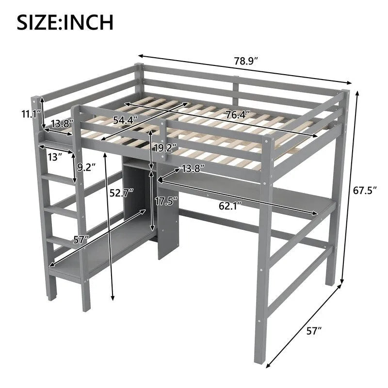Full Size Loft Bed with Bulit-in Desk and Multifunction Storage Shelves, Wooden Loft Bedframe with Ladder and Guardrail