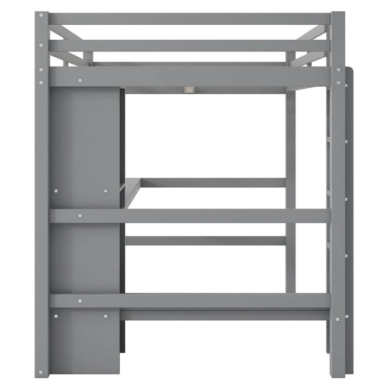 Full Size Loft Bed with Bulit-in Desk and Multifunction Storage Shelves, Wooden Loft Bedframe with Ladder and Guardrail