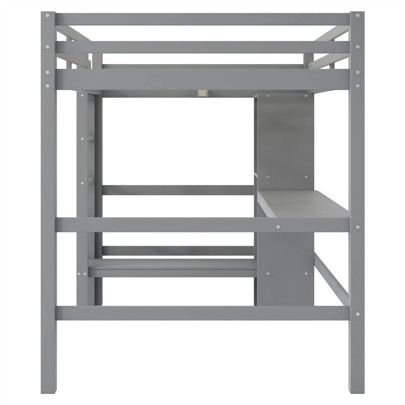 Full Size Loft Bed with Bulit-in Desk and Multifunction Storage Shelves, Wooden Loft Bedframe with Ladder and Guardrail