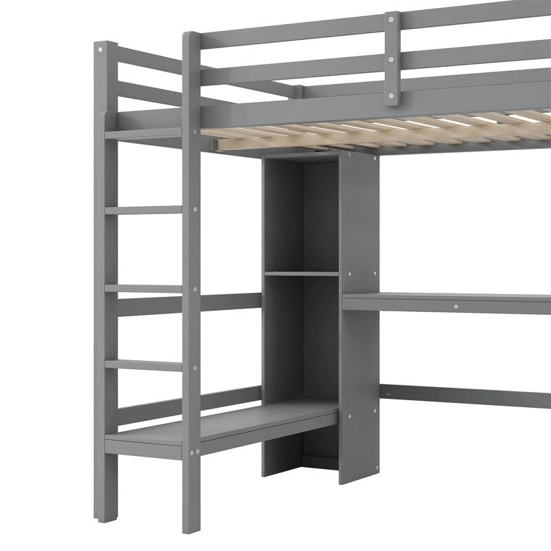 Full Size Loft Bed with Bulit-in Desk and Multifunction Storage Shelves, Wooden Loft Bedframe with Ladder and Guardrail