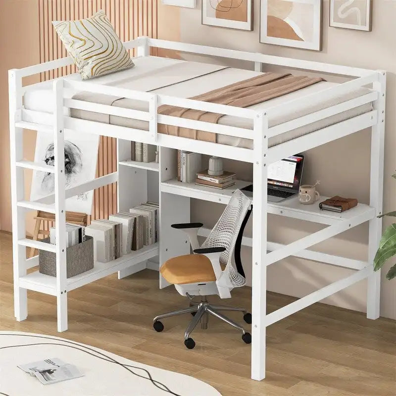 Full Size Loft Bed with Bulit-in Desk and Multifunction Storage Shelves, Wooden Loft Bedframe with Ladder and Guardrail