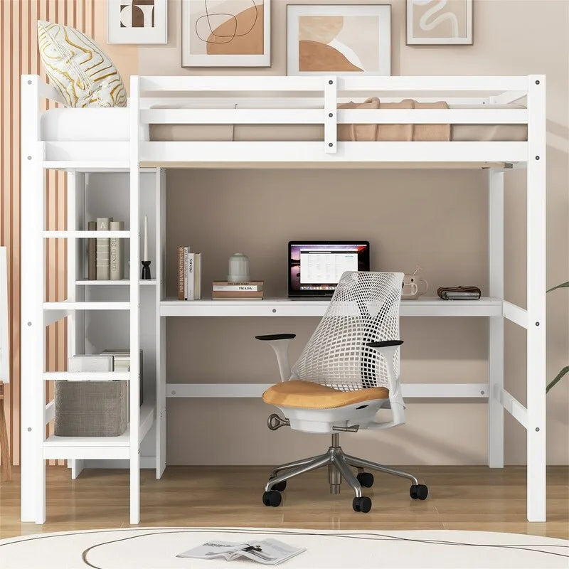 Full Size Loft Bed with Bulit-in Desk and Multifunction Storage Shelves, Wooden Loft Bedframe with Ladder and Guardrail