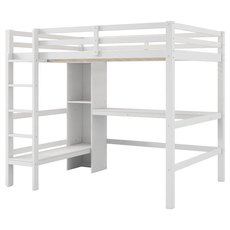 Full Size Loft Bed with Bulit-in Desk and Multifunction Storage Shelves, Wooden Loft Bedframe with Ladder and Guardrail