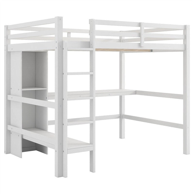 Full Size Loft Bed with Bulit-in Desk and Multifunction Storage Shelves, Wooden Loft Bedframe with Ladder and Guardrail