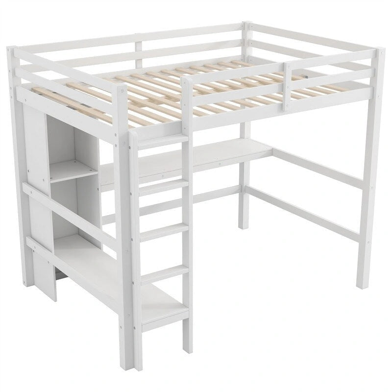 Full Size Loft Bed with Bulit-in Desk and Multifunction Storage Shelves, Wooden Loft Bedframe with Ladder and Guardrail