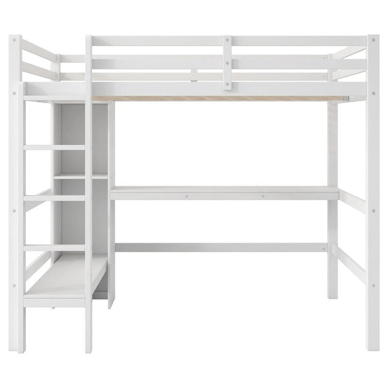 Full Size Loft Bed with Bulit-in Desk and Multifunction Storage Shelves, Wooden Loft Bedframe with Ladder and Guardrail
