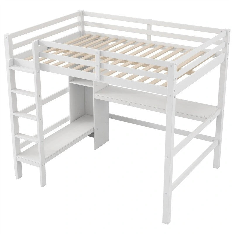 Full Size Loft Bed with Bulit-in Desk and Multifunction Storage Shelves, Wooden Loft Bedframe with Ladder and Guardrail