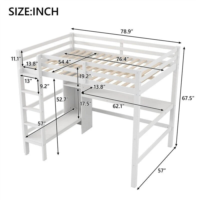 Full Size Loft Bed with Bulit-in Desk and Multifunction Storage Shelves, Wooden Loft Bedframe with Ladder and Guardrail