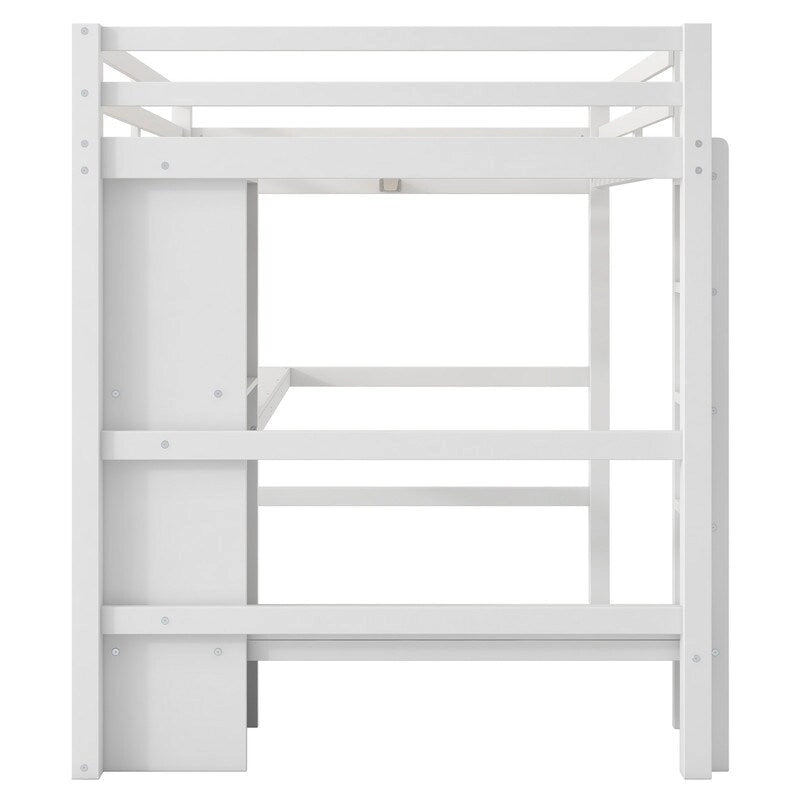 Full Size Loft Bed with Bulit-in Desk and Multifunction Storage Shelves, Wooden Loft Bedframe with Ladder and Guardrail