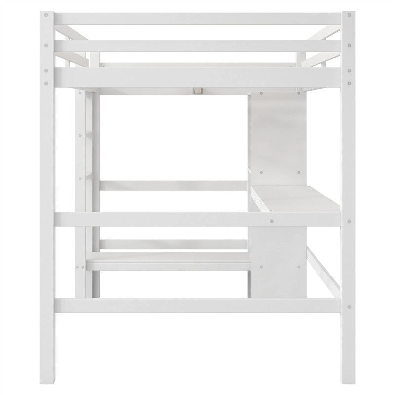 Full Size Loft Bed with Bulit-in Desk and Multifunction Storage Shelves, Wooden Loft Bedframe with Ladder and Guardrail
