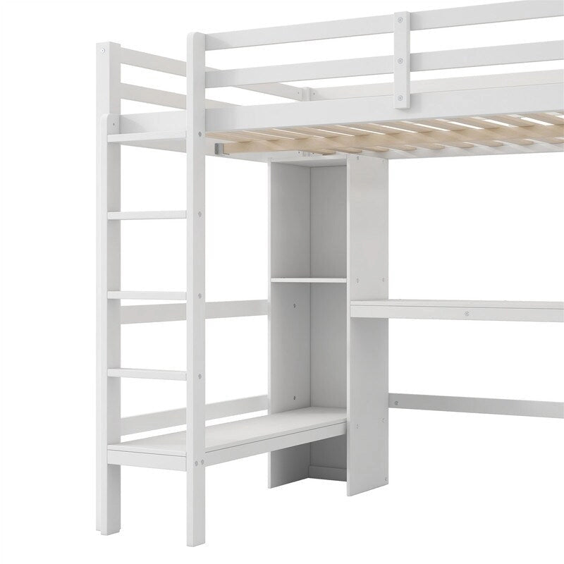 Full Size Loft Bed with Bulit-in Desk and Multifunction Storage Shelves, Wooden Loft Bedframe with Ladder and Guardrail
