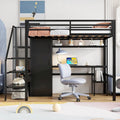Twin Loft Bed with Desk & Storage Shelf, Full Guardrails Metal Kids Loft Bed with Storage Staircase & Wardrobe for Kids, Teens