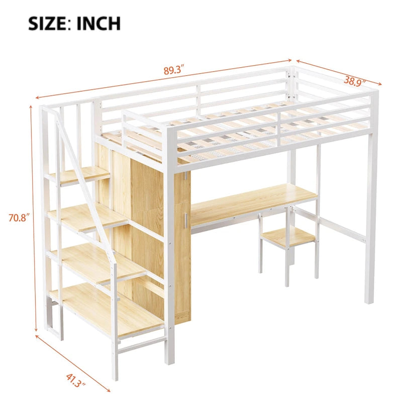 Twin Loft Bed with Desk & Storage Shelf, Full Guardrails Metal Kids Loft Bed with Storage Staircase & Wardrobe for Kids, Teens