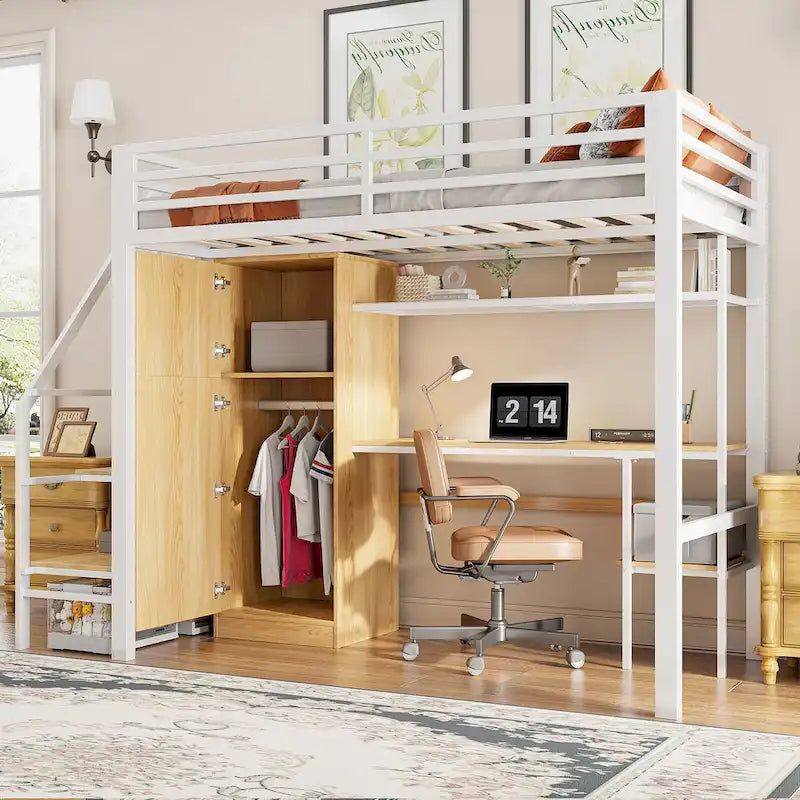Twin Loft Bed with Desk & Storage Shelf, Full Guardrails Metal Kids Loft Bed with Storage Staircase & Wardrobe for Kids, Teens