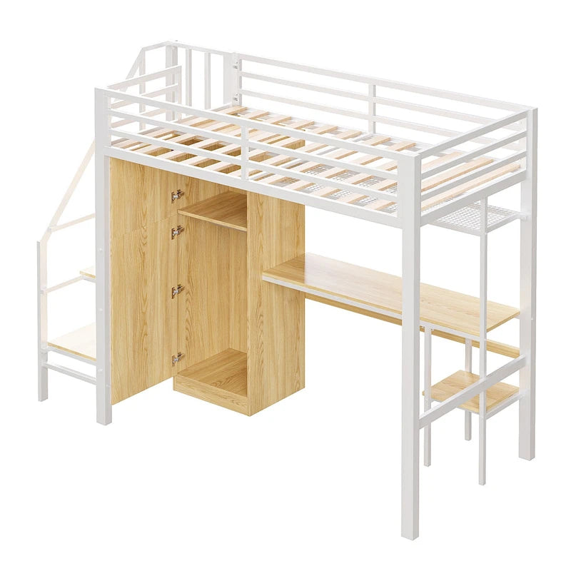 Twin Loft Bed with Desk & Storage Shelf, Full Guardrails Metal Kids Loft Bed with Storage Staircase & Wardrobe for Kids, Teens