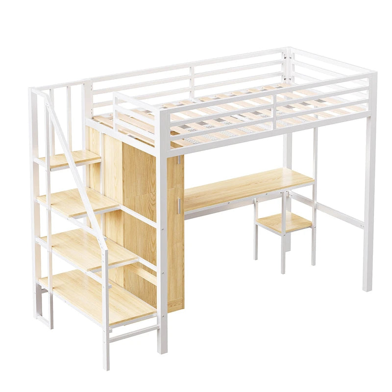 Twin Loft Bed with Desk & Storage Shelf, Full Guardrails Metal Kids Loft Bed with Storage Staircase & Wardrobe for Kids, Teens