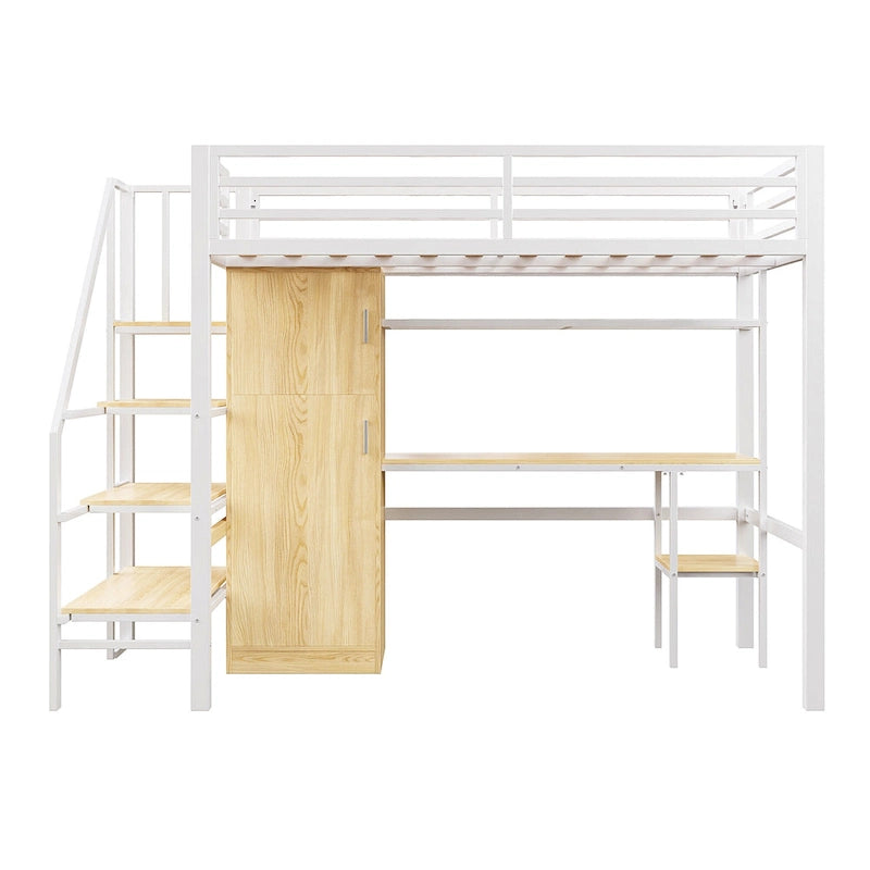 Twin Loft Bed with Desk & Storage Shelf, Full Guardrails Metal Kids Loft Bed with Storage Staircase & Wardrobe for Kids, Teens